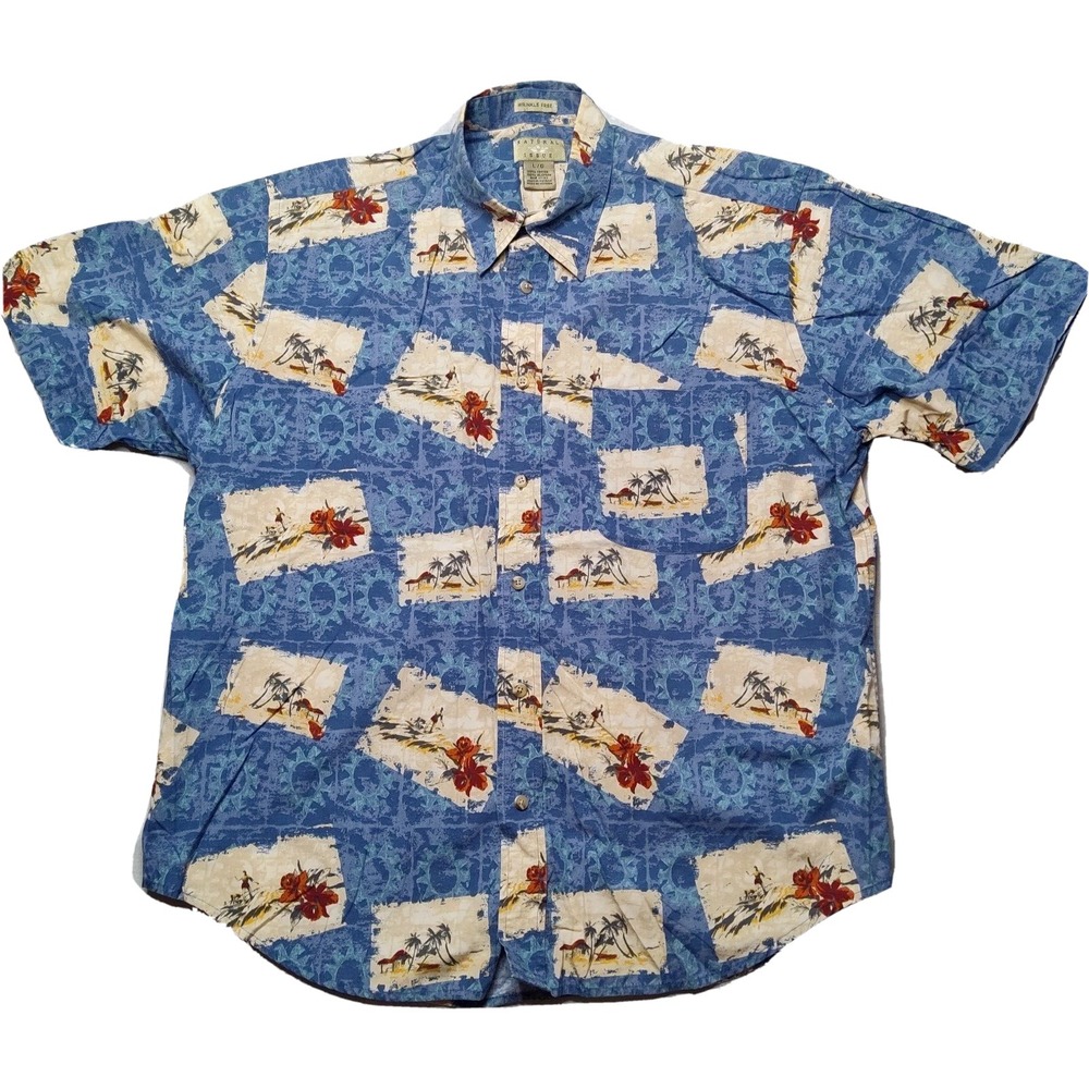 VTG NATURAL ISSUE Blue Floral Hawaiian Surfing Postcard Camp Shirt - Men Large